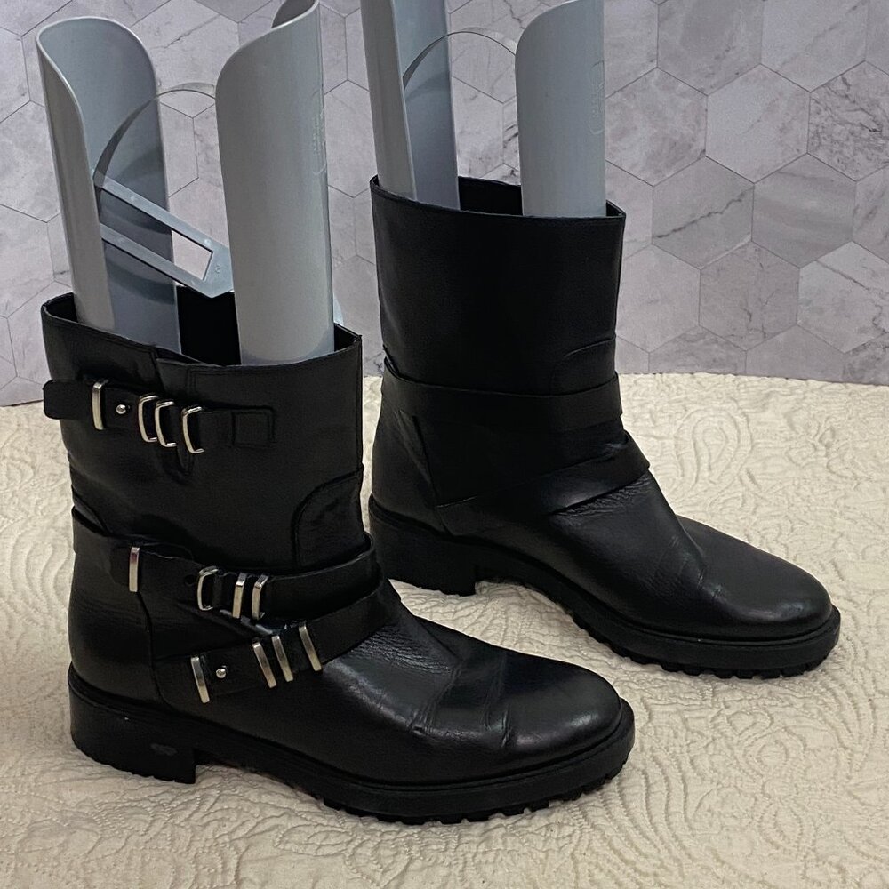ZARA Women's Black Leather Ankle Metal Rock Trim Boots Size 41